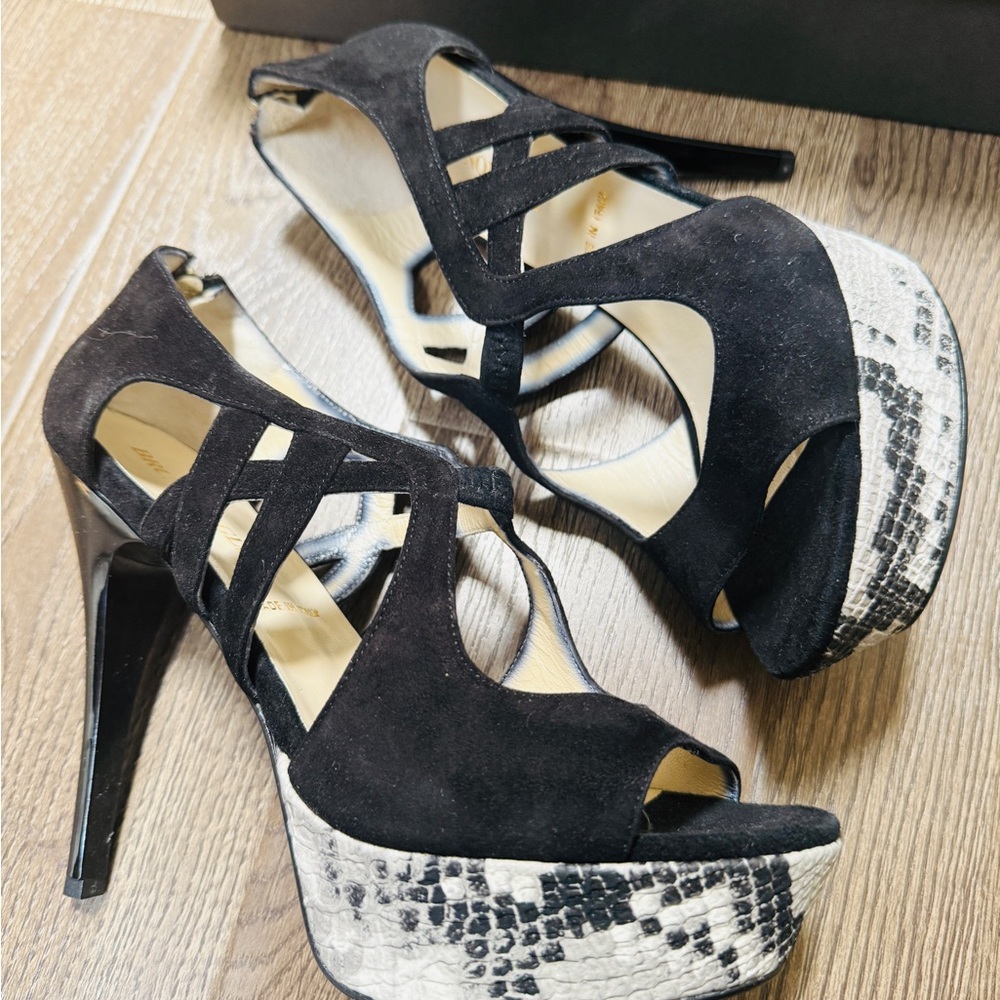 Bruno Magli Black and White Snakeskin Suede Platform Heels